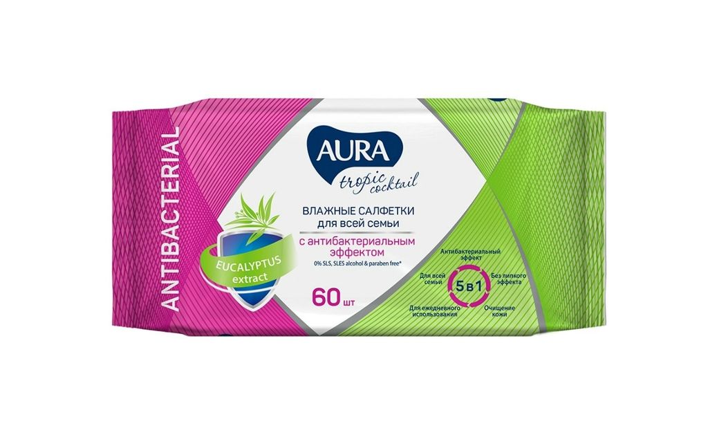 Aura Салфетки влажные с антибактериальным эффектом, tropic cocktail, 60 шт.