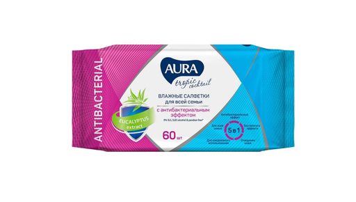 Aura Салфетки влажные с антибактериальным эффектом, tropic cocktail, 60 шт.