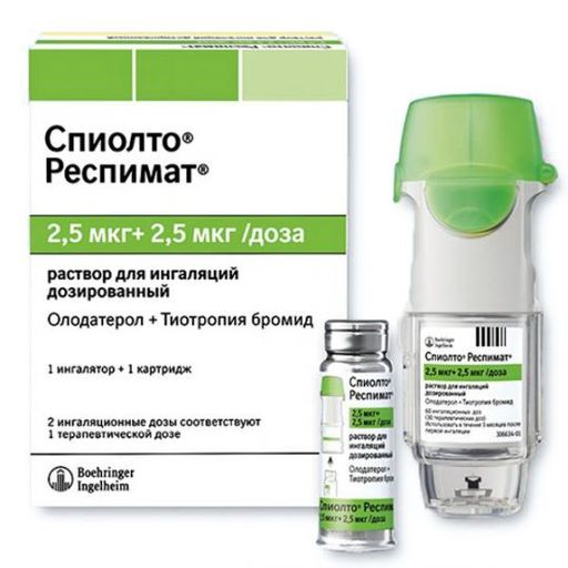 Спиолто Респимат, 2.5 мкг+2.5 мкг/доза, раствор для ингаляций дозированный, в комплекте с ингалятором Респимат, 4 мл, 1 шт. цена