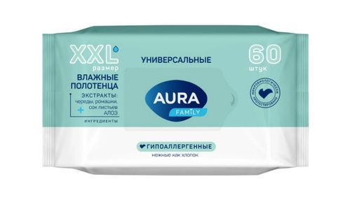 Aura Полотенца влажные family универсальные, полотенца влажные, 60 шт.