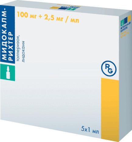 Мидокалм-Рихтер, 100 мг+2.5 мг/мл, раствор для инъекций, 1 мл, 5 шт. цена