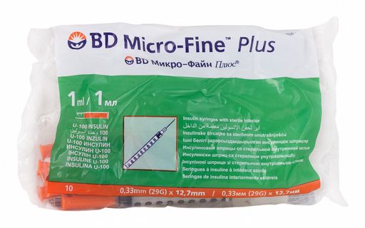 BD Микро-Файн Плюс Шприц инсулиновый 100МЕ/1мл, с интегрированной иглой 29G 0.33х12,7 мм, 1 мл, 10 шт. цена