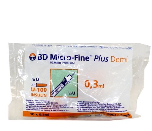 Шприц инсулиновый с несъемной иглой BD Micro-Fine Plus Demi U-100, 0,3 мл, диаметр иглы 30G, 10 шт. цена