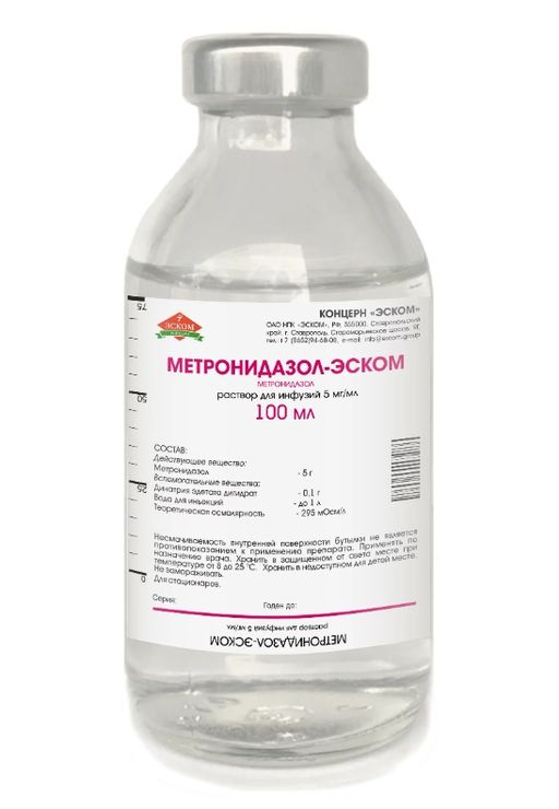 Метронидазол-ЭСКОМ, 5 мг/мл, раствор для внутривенного введения, 100 мл, 1 шт.